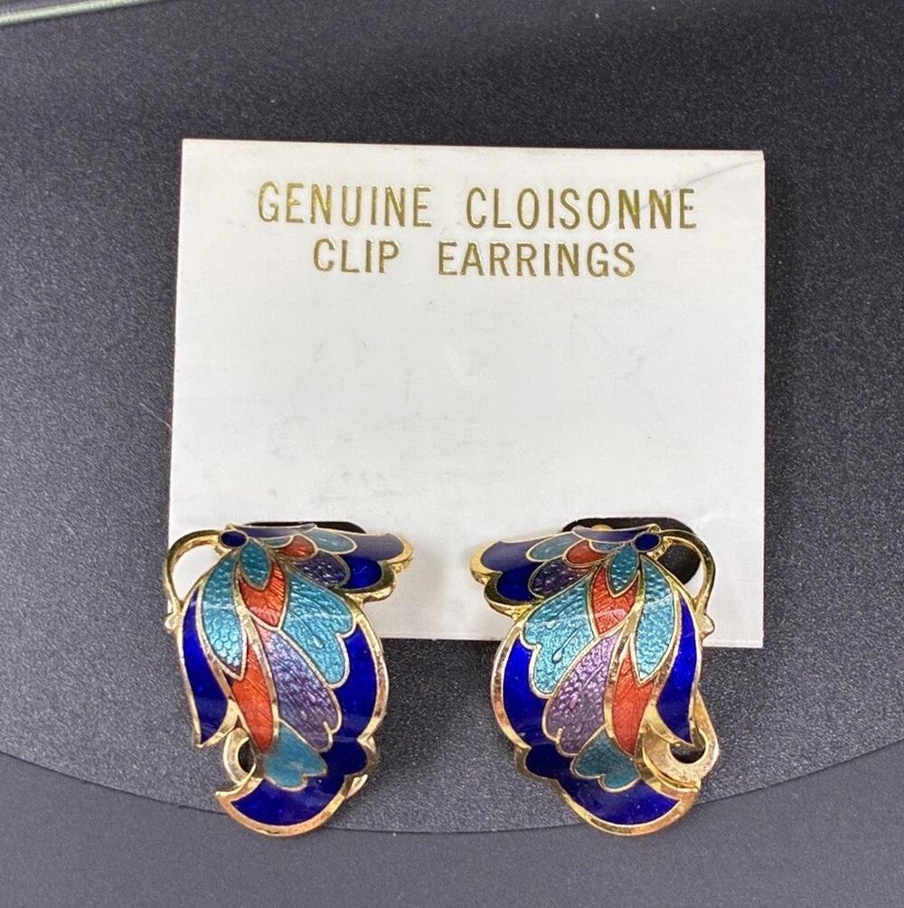 Vintage Cloisonne Clip Earrings Blue Purple Enamel Gold Tone Floral Fan